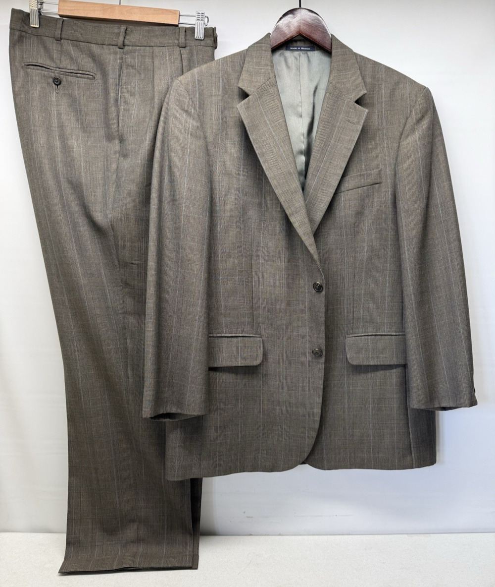 VTG LL Bean Suit Mens 42 Reg Brown Plaid Wool w/ Pleated & Cuffed Pants 37x30
